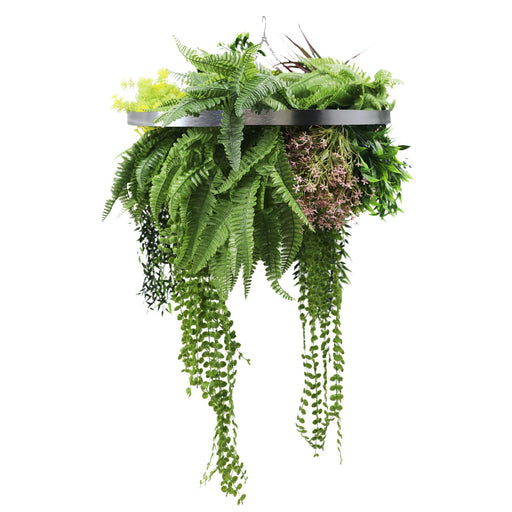 Silver Framed Roof Hanging Disc with Tropical Foliage Mix Draping Stems 60cm - FLORA DESIGNS