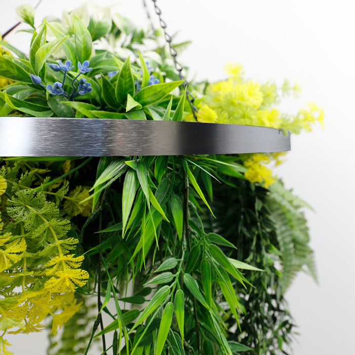 Silver Framed Roof Hanging Disc with Tropical Foliage Mix Draping Stems 60cm - FLORA DESIGNS