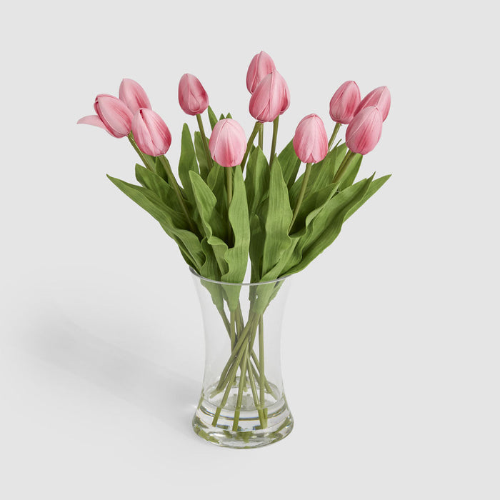 Artificial Real Touch Tulip Floral Arrangement in Water Vase Pink 43cm Pink - FLORA DESIGNS