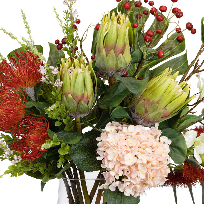 Waratah & Protea Mixed Arrangement Flat Back Red and White In Glass 90cm