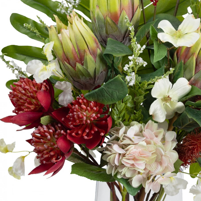 Waratah & Protea Mixed Arrangement Flat Back Red and White In Glass 90cm