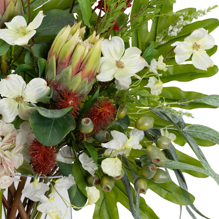 Waratah & Protea Mixed Arrangement Flat Back Red and White In Glass 90cm