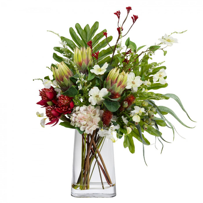 Waratah & Protea Mixed Arrangement Flat Back Red and White In Glass 90cm