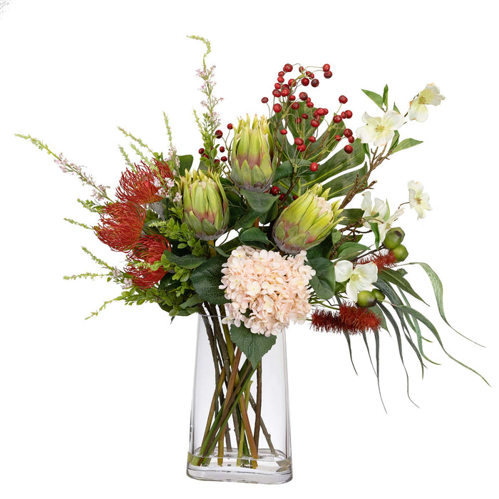 Waratah & Protea Mixed Arrangement Flat Back Red and White In Glass 90cm