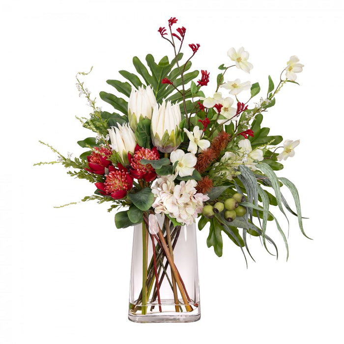 Waratah & Protea Mixed Arrangement Flat Back Red and White In Glass 90cm