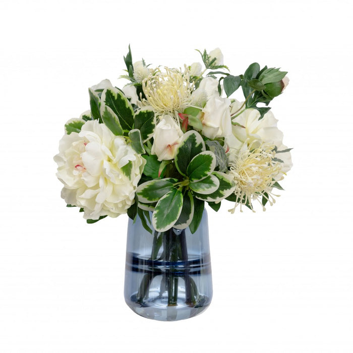 White Peony & Rose Mixed Arrangement In Glass 36cm