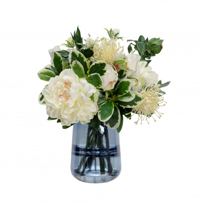 White Peony & Rose Mixed Arrangement In Glass 36cm