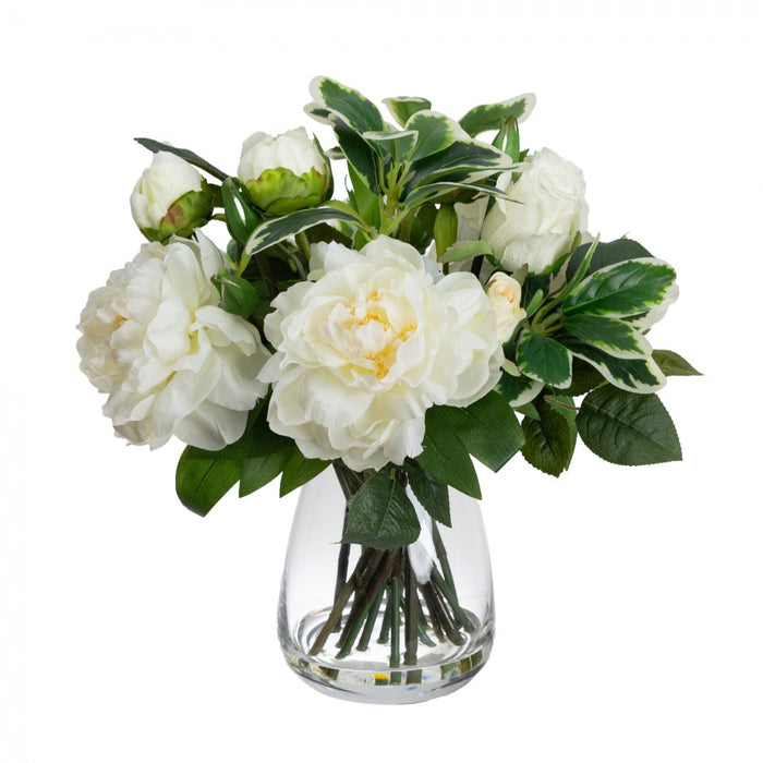 White Peony & Rose Mixed Arrangement In Glass 36cm