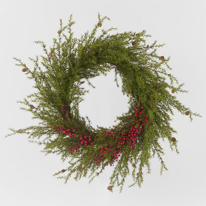 Pine Needle And Red Berry Wreath Green 90cm