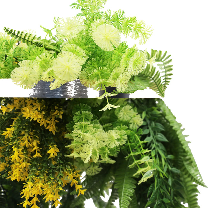 Silver Framed Roof Hanging Disc with Bright Tropical Foliage Mix Draping Ferns 40cm - FLORA DESIGNS