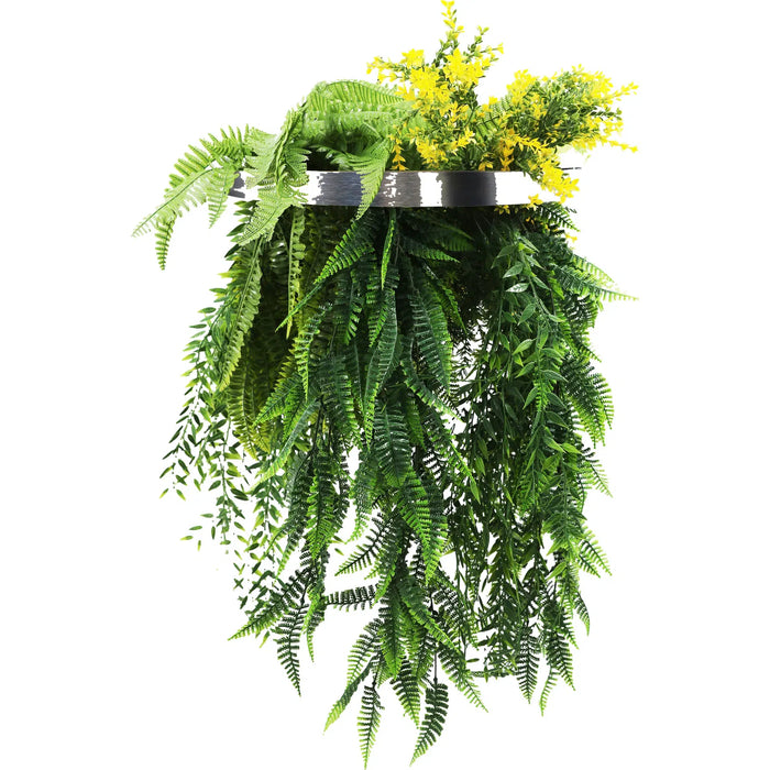Silver Framed Roof Hanging Disc with Bright Tropical Foliage Mix Draping Ferns 40cm - FLORA DESIGNS