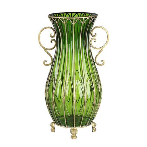 51cm Green Glass Oval Floor Vase with Metal Flower Stand