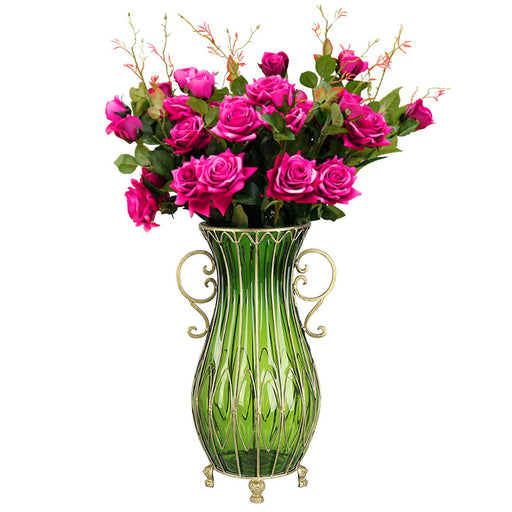 51cm Green Glass Tall Floor Vase with 12pcs Dark Pink Artificial Flower Set