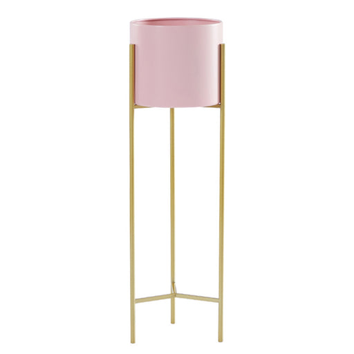 2 Layer 62cm Gold Metal Plant Stand with Pink Flower Pot Holder Corner Shelving Rack Indoor Display