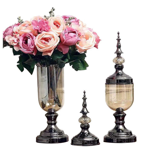 2X Clear Glass Flower Vase with Lid and Pink Flower Filler Vase Black Set