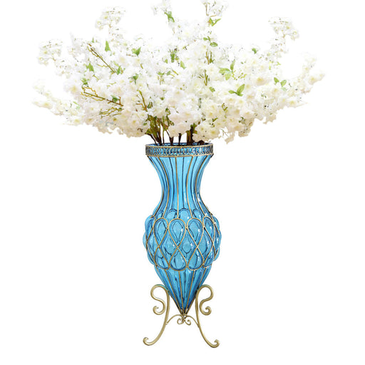 67cm Blue Glass Tall Floor Vase with 10pcs White Artificial Fake Flower Set