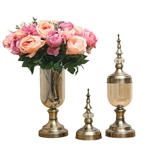 2X Clear Glass Flower Vase with Lid and Pink Flower Filler Vase Bronze Set