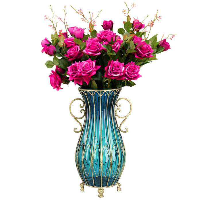 51cm Blue Glass Tall Floor Vase with 12pcs Dark Pink Artificial Flower Set