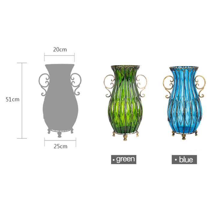 51cm Green Glass Tall Floor Vase and 10pcs White Artificial Fake Flower Set