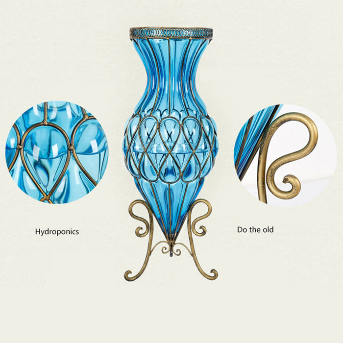 67cm Blue Glass Tall Floor Vase and 12pcs Dark Pink Artificial Fake Flower Set