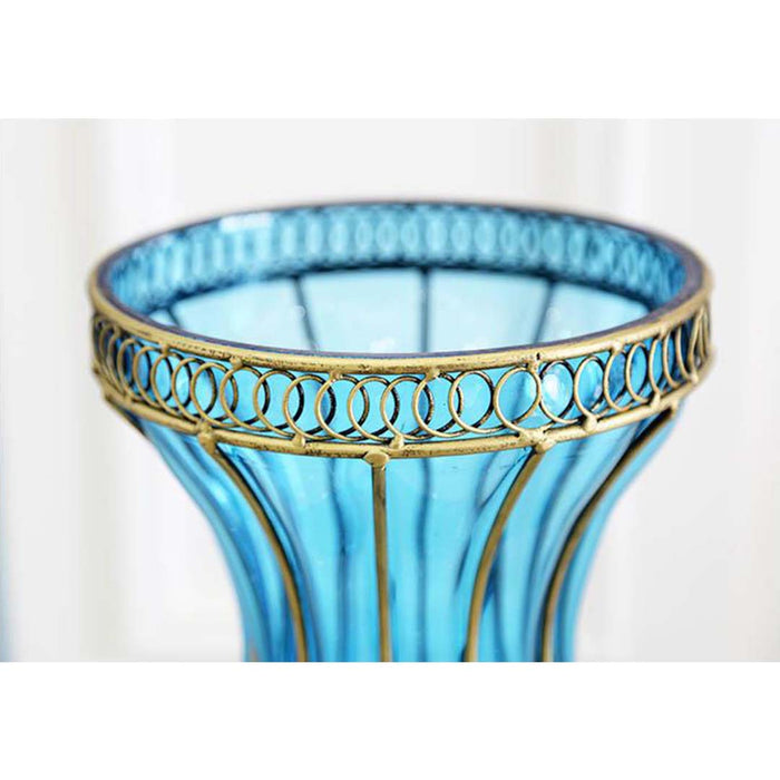 67cm Blue Glass Tall Floor Vase with Metal Flower Stand