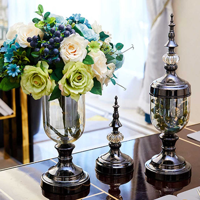 2X Clear Glass Flower Vase with Lid and Transparent Filler Vase Black Set