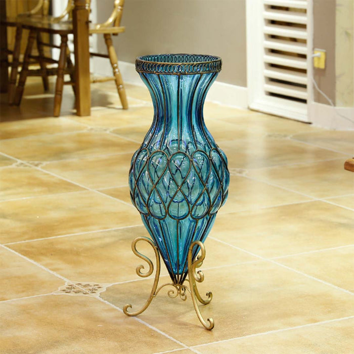 67cm Blue Glass Tall Floor Vase with Metal Flower Stand