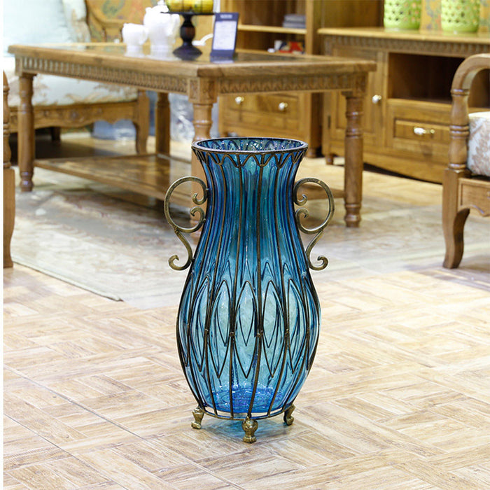 51cm Blue Glass Tall Floor Vase with 12pcs Dark Pink Artificial Flower Set
