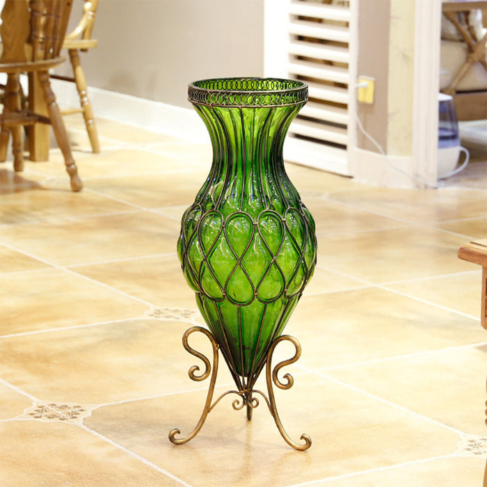 67cm Green Glass Tall Floor Vase and 12pcs Dark Pink Artificial Fake Flower Set